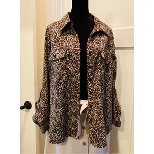 Kim Rogers Cheetah Print Long Sleeve Button Down with Pockets Women's Blouse PXL